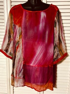 John Mark Women's Red-Pink Sheer Brushstroke blouse